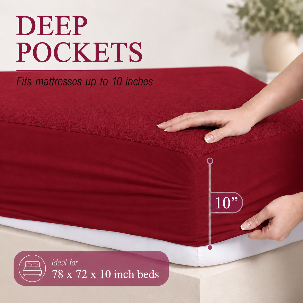 Water Proof Terry Cotton Feel Mattress Protector | Maroon Red | Machine Washable | Super Soft | Fits Mattress Upto 10 inches