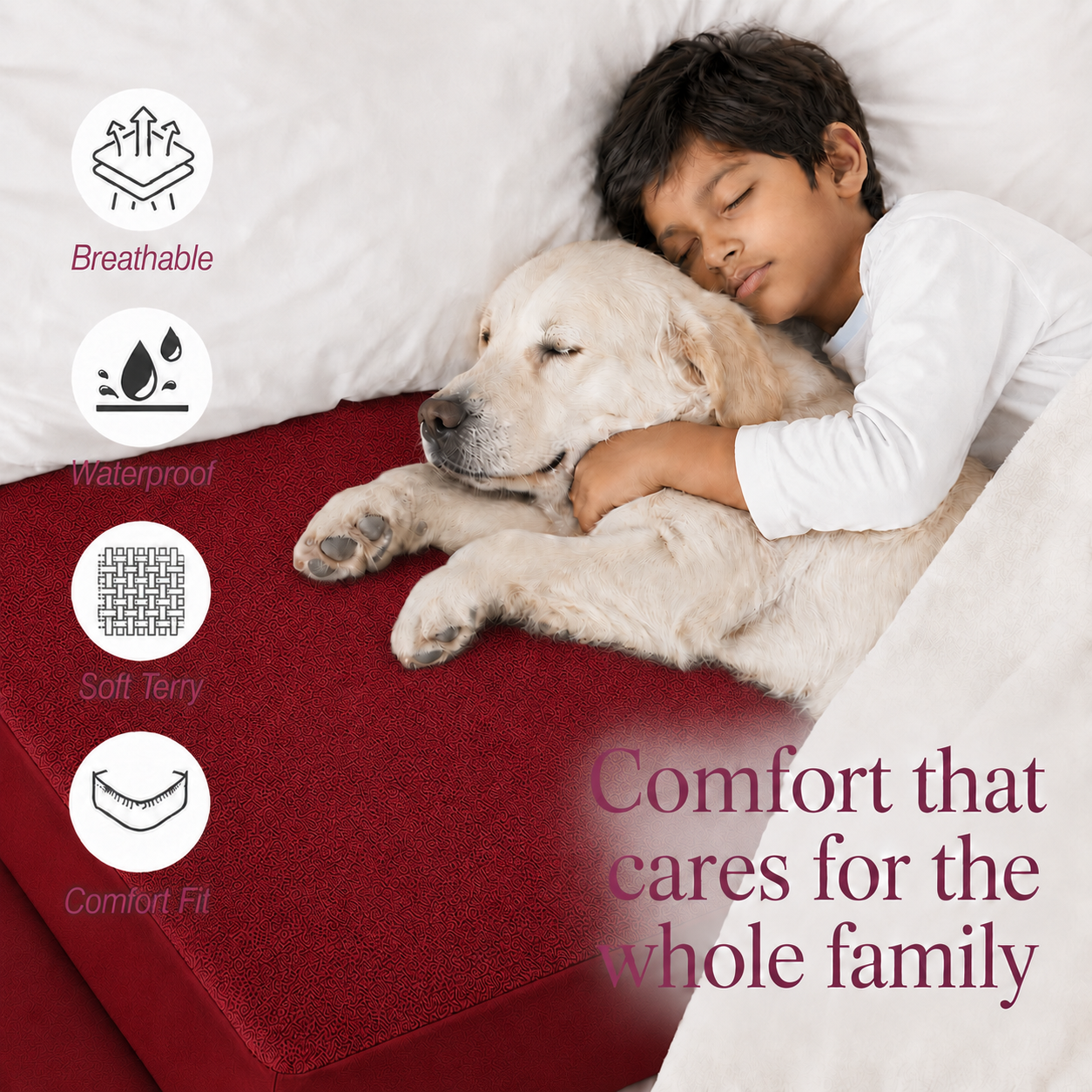 Water Proof Terry Cotton Feel Mattress Protector | Maroon Red | Machine Washable | Super Soft | Fits Mattress Upto 10 inches