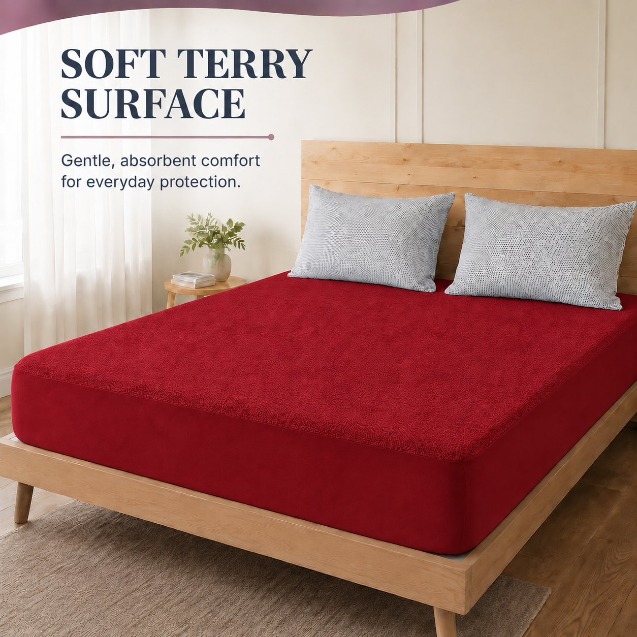 Water Proof Terry Cotton Feel Mattress Protector | Maroon Red | Machine Washable | Super Soft | Fits Mattress Upto 10 inches