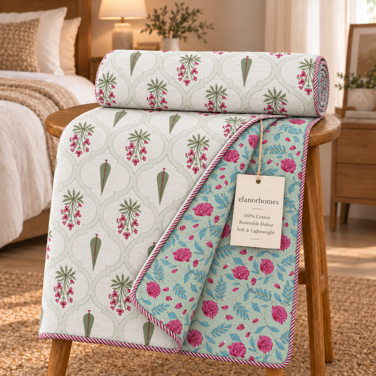 Hand Block Printed Mint Rose Cotton Double Dohar | 90x100 Lightweight Quilt