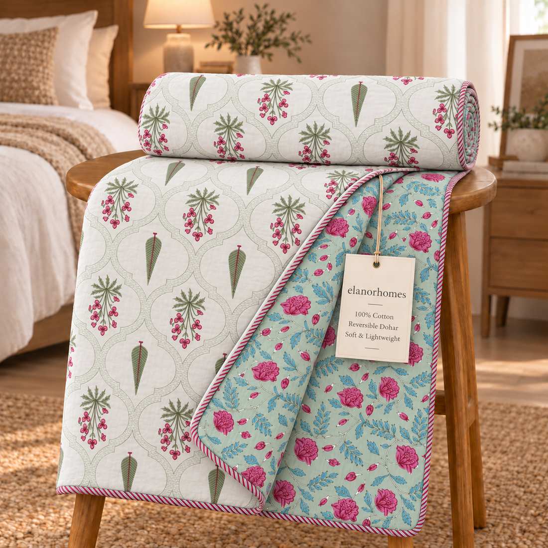 Hand Block Printed Mint Rose Cotton Double Dohar | 90x100 Lightweight Quilt