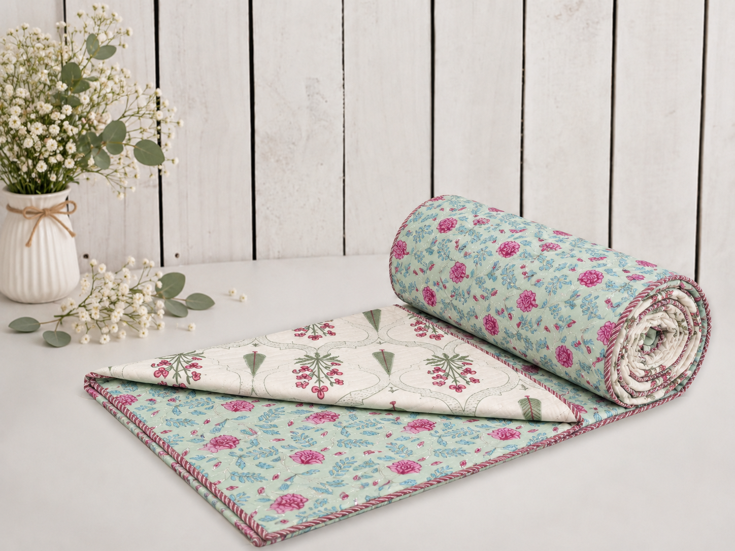 Hand Block Printed Mint Rose Cotton Double Dohar | 90x100 Lightweight Quilt