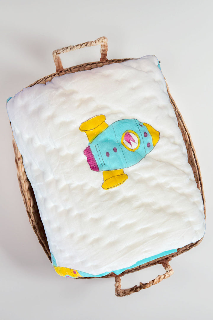 Organic Cotton Hand Printed Baby Blanket – 100x105 cm - Rocket