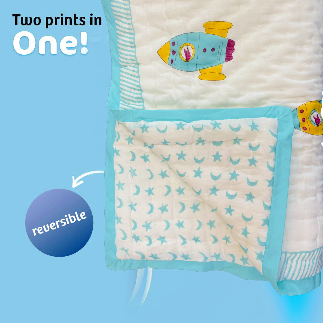 Organic Cotton Hand Printed Baby Blanket – 100x105 cm - Rocket