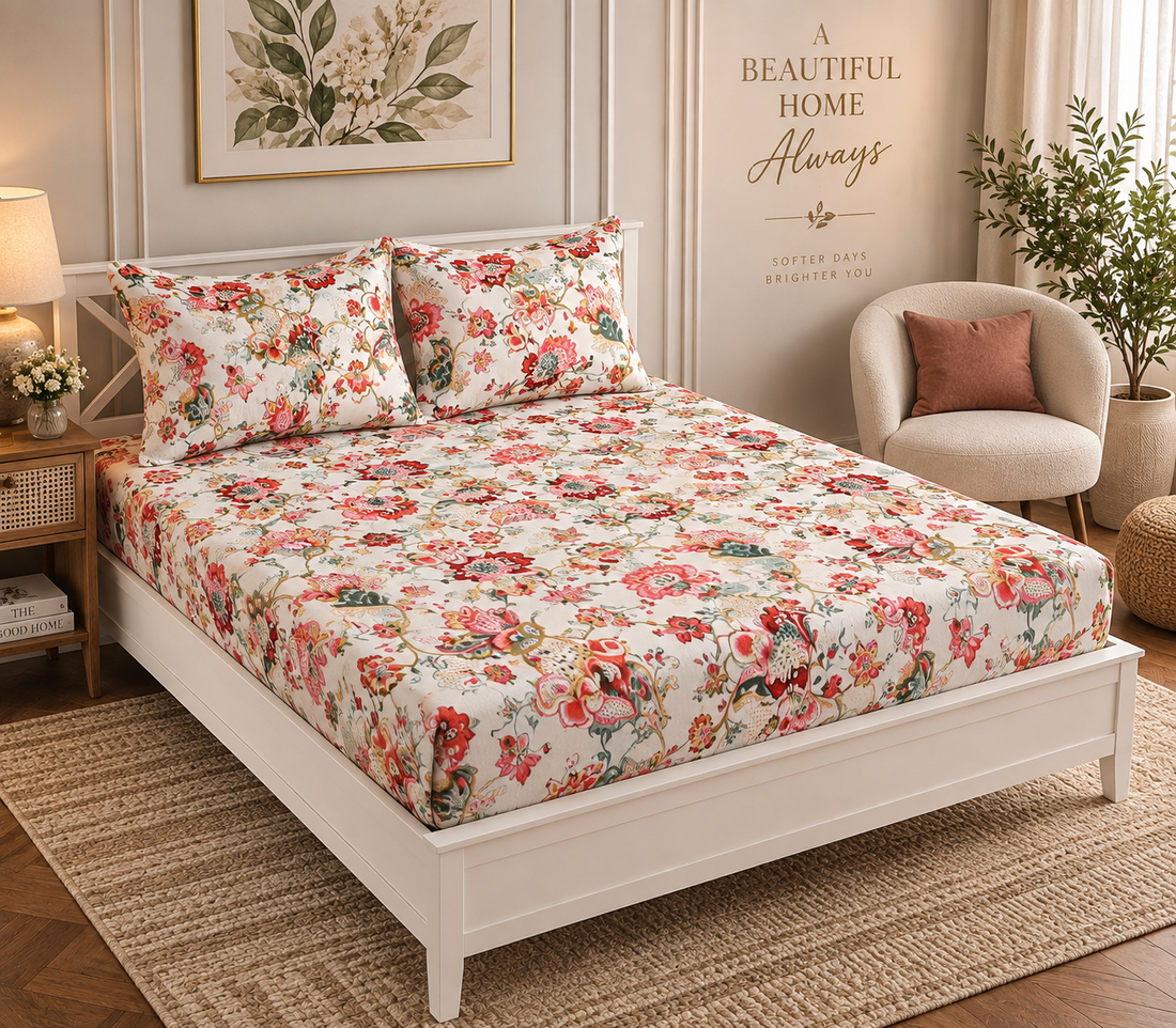 Rose Petal Elastic Cotton Fitted King Bedsheet (78×72×8 Inch) with 2 Pillow Covers (18×28 Inch) | Soft & Cozy Bedding