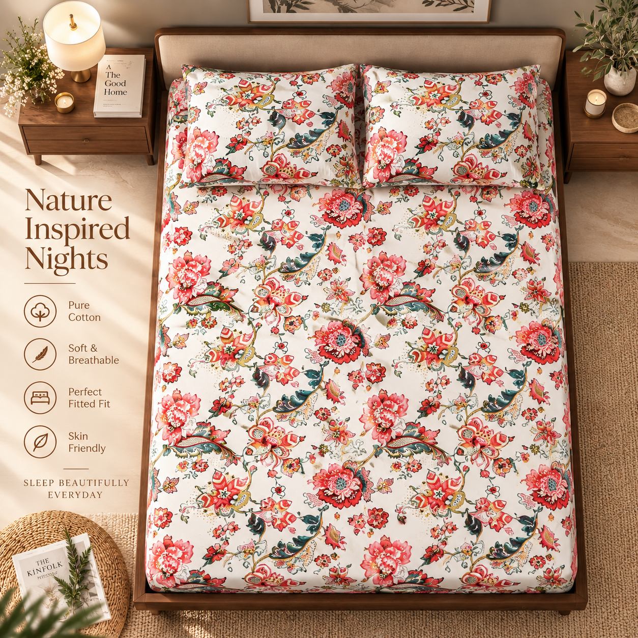 Rose Petal Elastic Cotton Fitted King Bedsheet (78×72×8 Inch) with 2 Pillow Covers (18×28 Inch) | Soft & Cozy Bedding