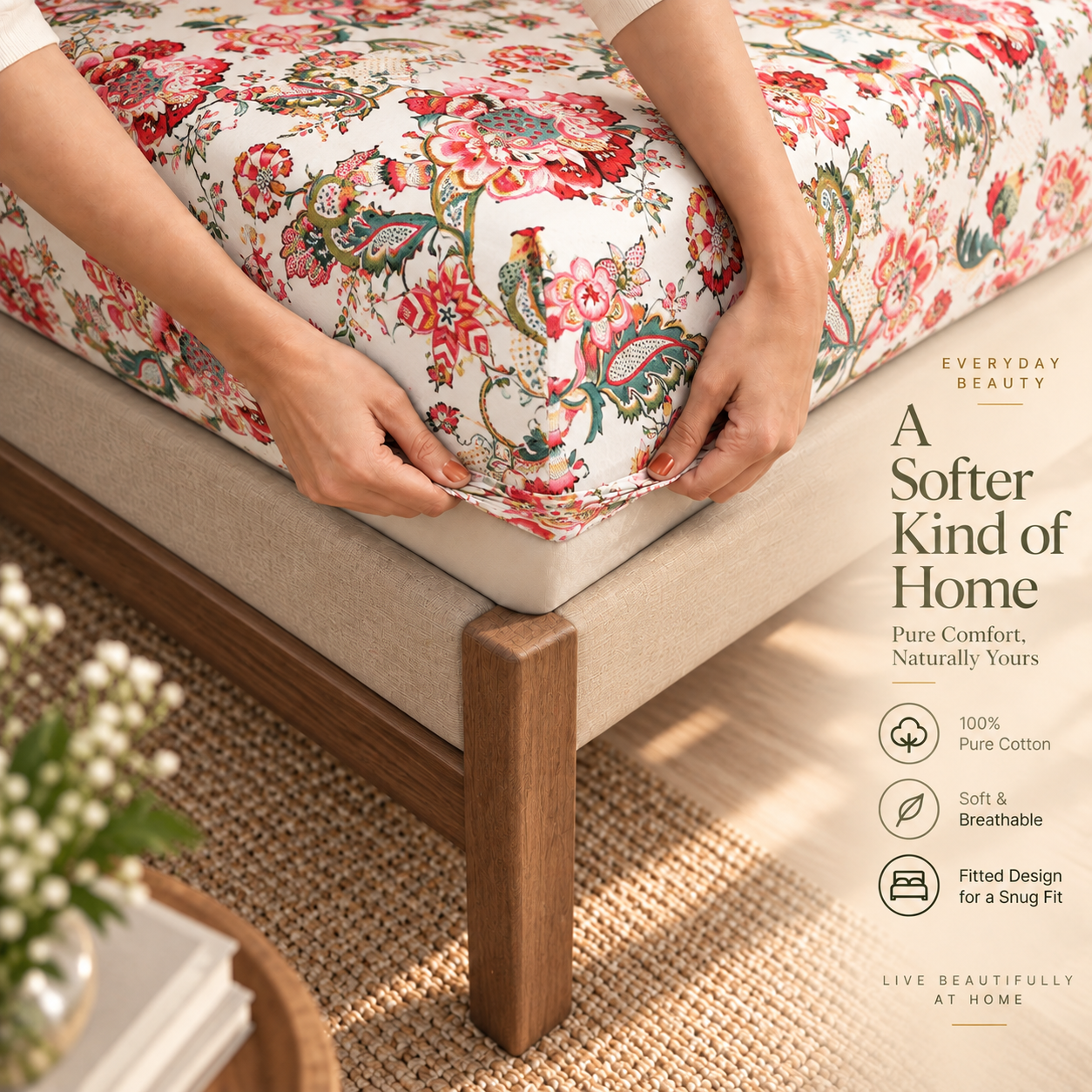 Rose Petal Elastic Cotton Fitted King Bedsheet (78×72×8 Inch) with 2 Pillow Covers (18×28 Inch) | Soft & Cozy Bedding