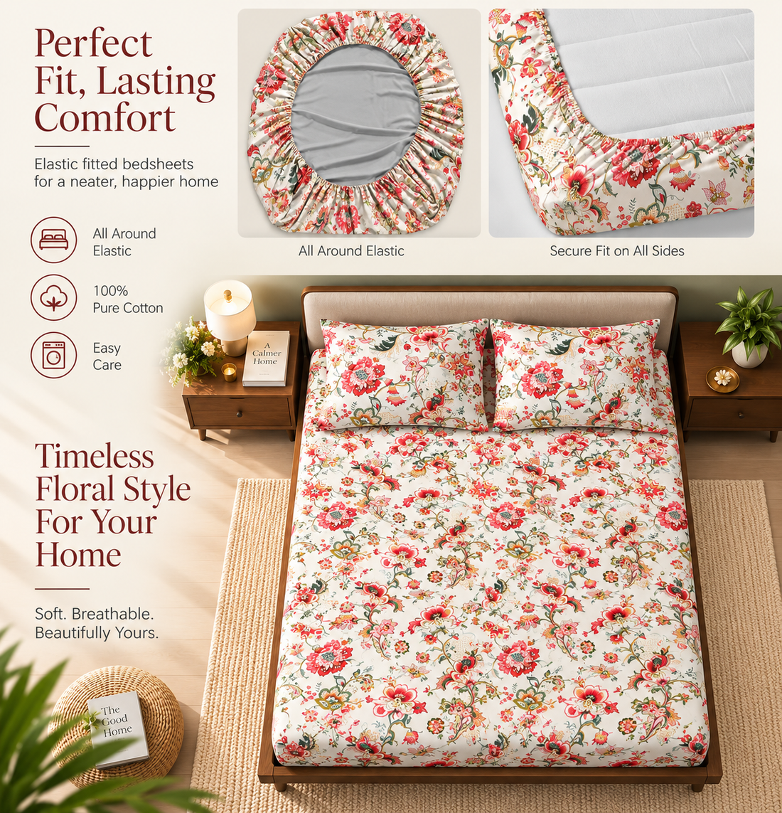 Rose Petal Elastic Cotton Fitted King Bedsheet (78×72×8 Inch) with 2 Pillow Covers (18×28 Inch) | Soft & Cozy Bedding