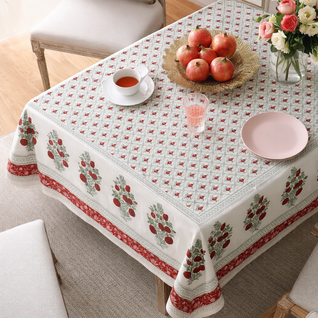 Red hand block printed cotton table cover 6 seater 60x90 inches