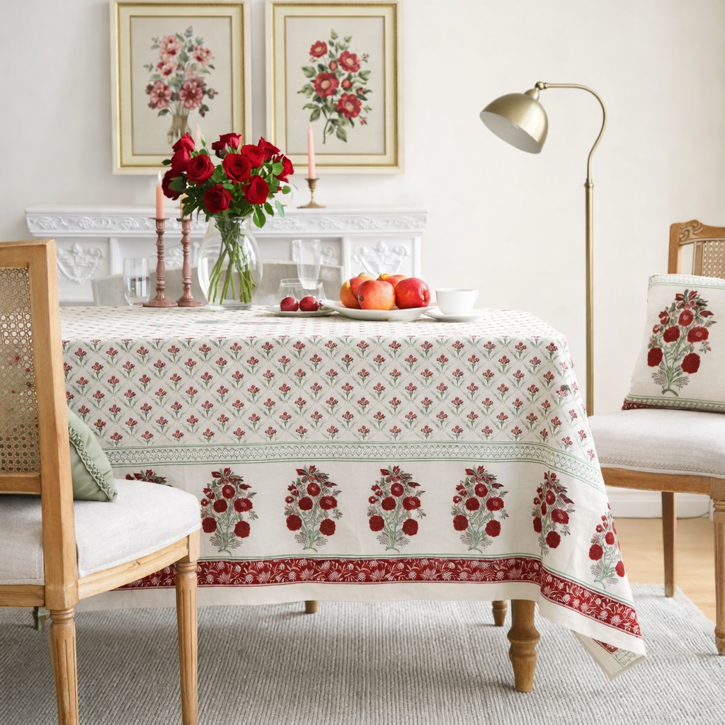 Rose Aurelia Hand Block Printed Cotton Table Cover I 6 Seater