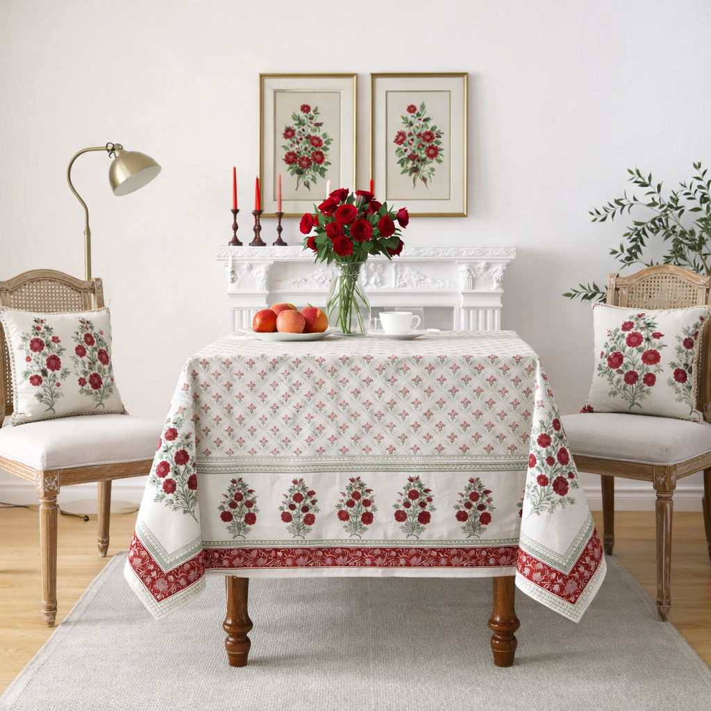 Rose Aurelia Hand Block Printed Cotton Table Cover I 6 Seater