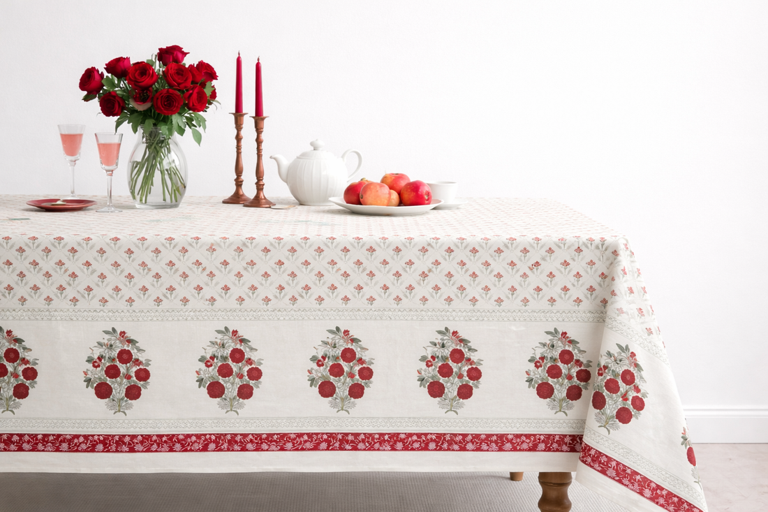 Rose Aurelia Hand Block Printed Cotton Table Cover I 6 Seater
