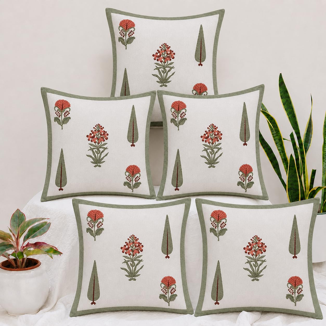 Rose Bloom yellow hand block printed cotton cushion covers 16x16 inches pack of 5