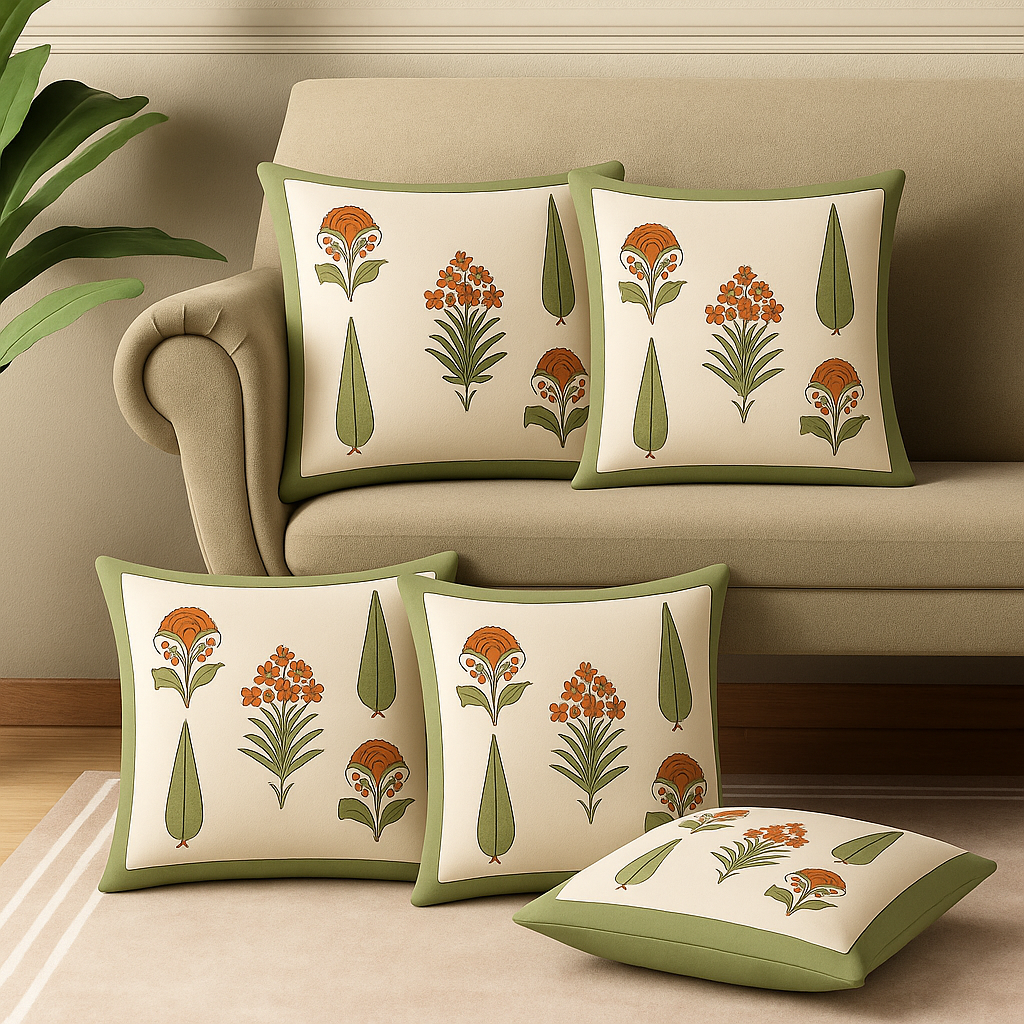 Rose Bloom Cushion Covers 16x16 Inches Pack of 5 | Jaipuri Hand Block Print Cotton Pillow Covers | Soft 300 TC Decorative Throw Cushion Cover Set