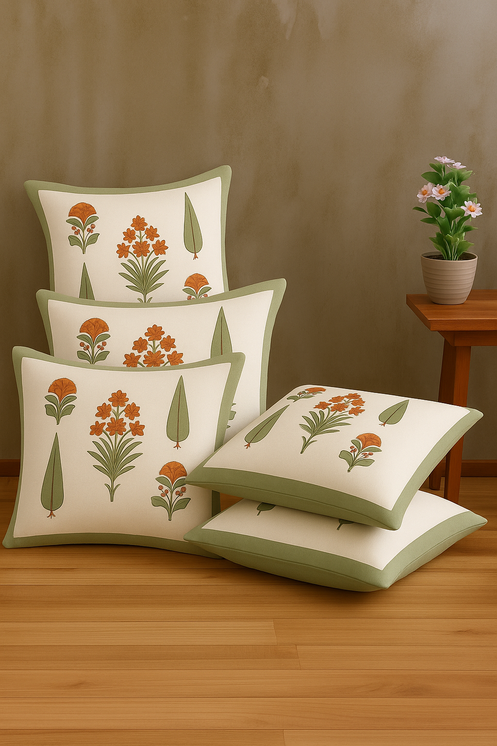 Rose Bloom Cushion Covers 16x16 Inches Pack of 5 | Jaipuri Hand Block Print Cotton Pillow Covers | Soft 300 TC Decorative Throw Cushion Cover Set