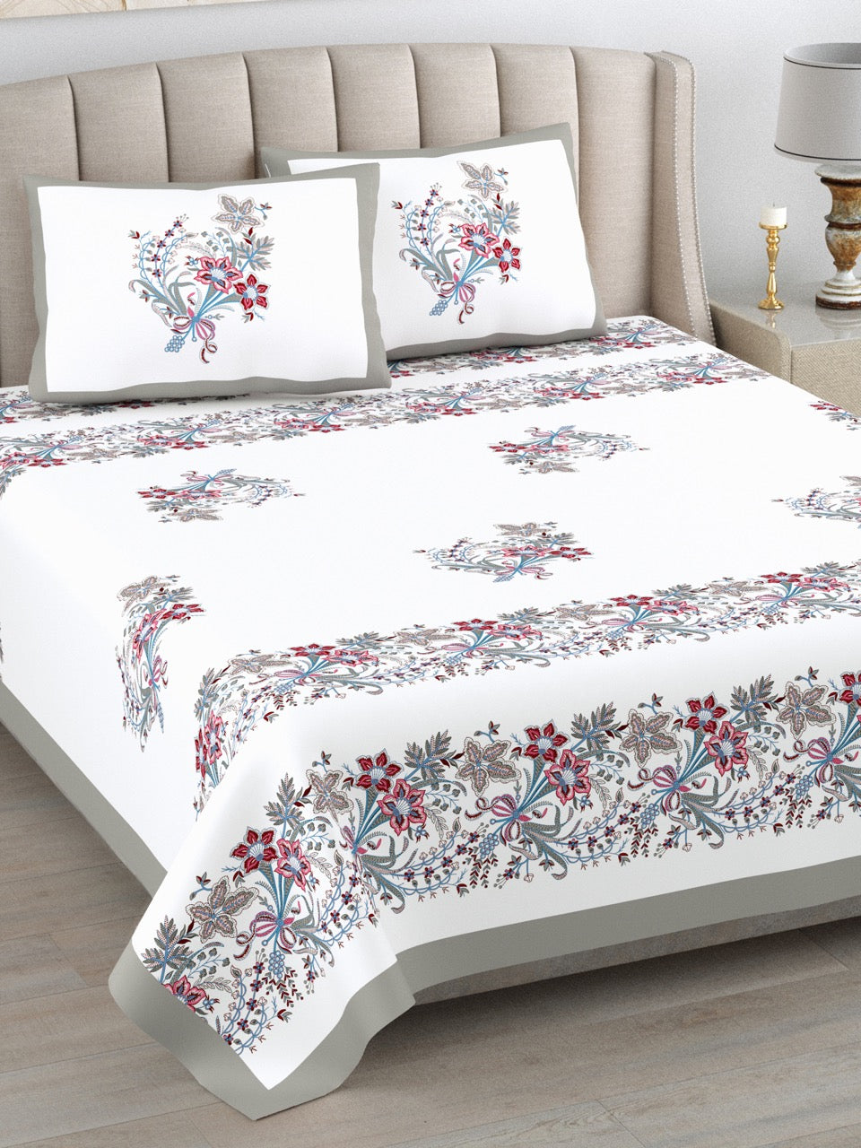 Rose Heritage Hand Block Printed Cotton King Bedsheet Set