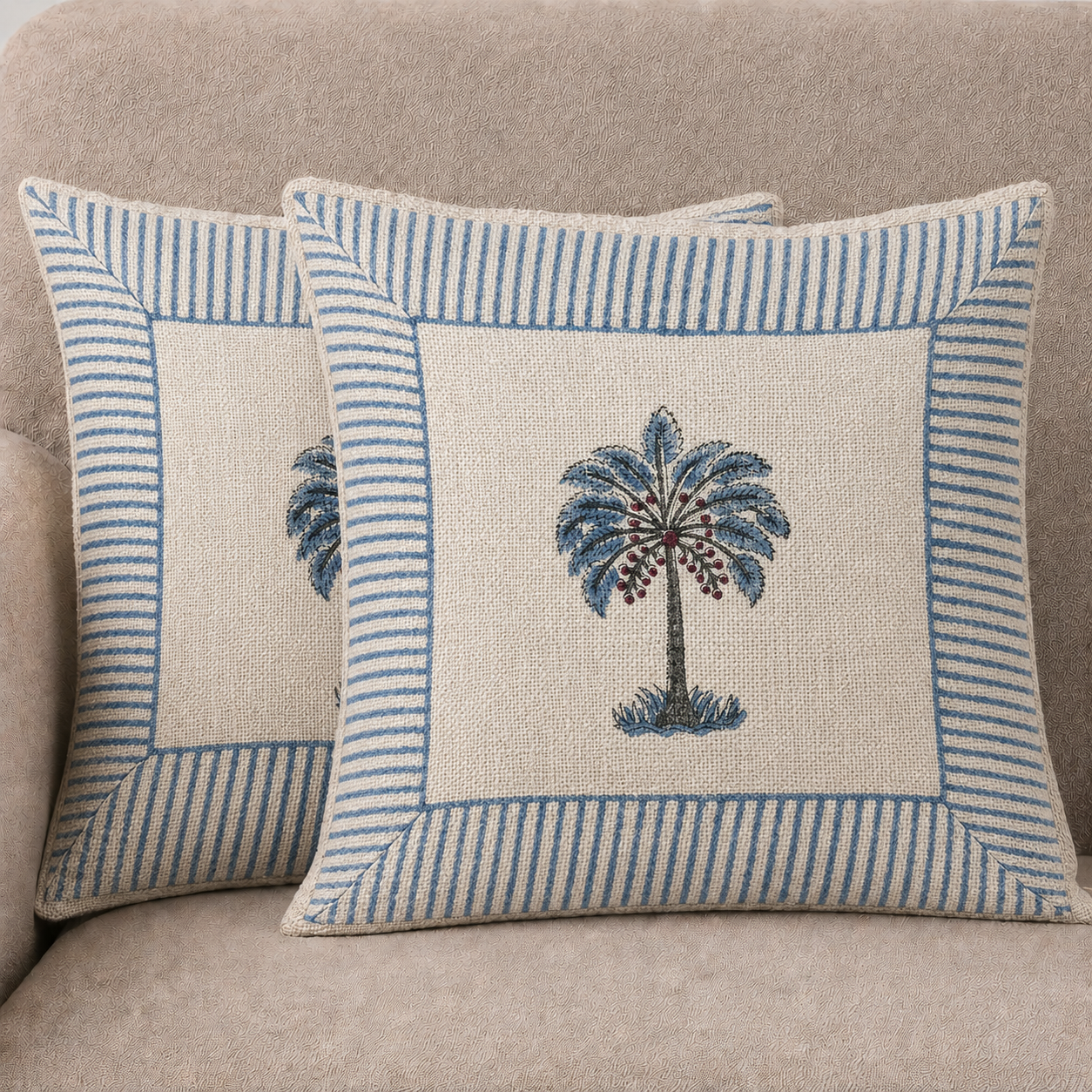Royal Palm Bloom Jute Cotton Cushion Covers 16x16 Inches Pack of 2 | Jaipuri Hand Block Print Jute Cushion Covers | Decorative Throw Cushion Cover Set