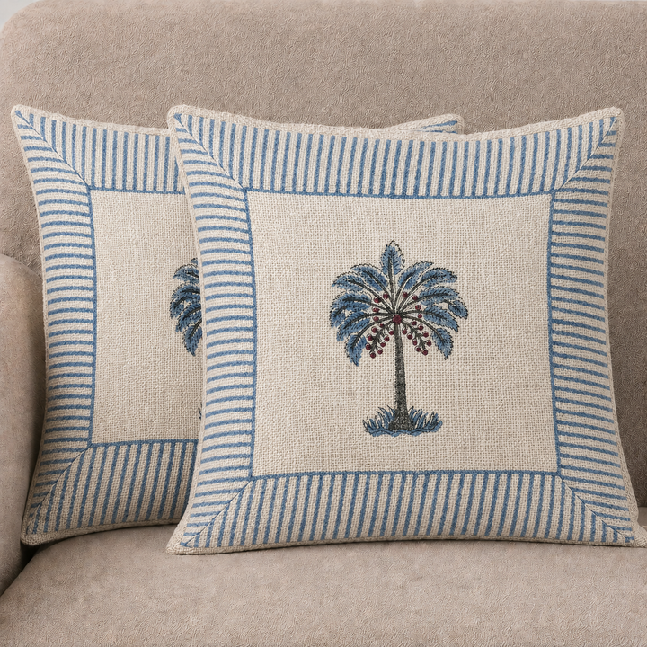 Royal Palm Bloom Jute Cotton Cushion Covers 16x16 Inches Pack of 2 | Jaipuri Hand Block Print Jute Cushion Covers | Decorative Throw Cushion Cover Set