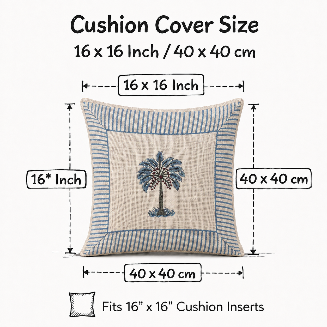 Royal Palm Bloom Jute Cotton Cushion Covers 16x16 Inches Pack of 2 | Jaipuri Hand Block Print Jute Cushion Covers | Decorative Throw Cushion Cover Set