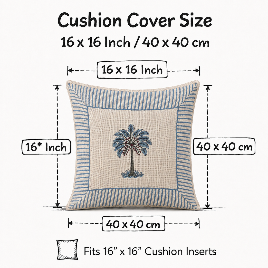 Royal Palm Bloom Jute Cotton Cushion Covers 16x16 Inches Pack of 2 | Jaipuri Hand Block Print Jute Cushion Covers | Decorative Throw Cushion Cover Set