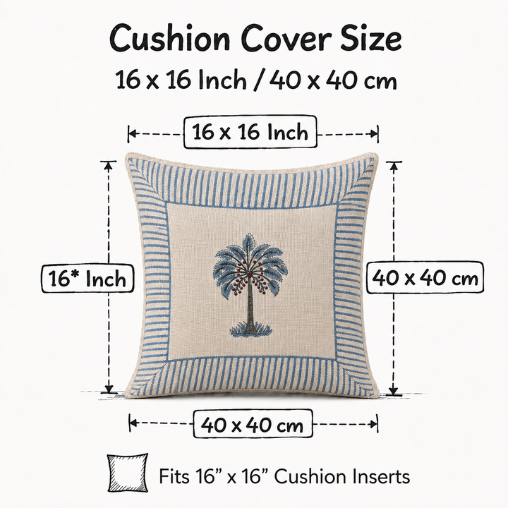 Royal Palm Bloom Jute Cotton Cushion Covers 16x16 Inches Pack of 2 | Jaipuri Hand Block Print Jute Cushion Covers | Decorative Throw Cushion Cover Set