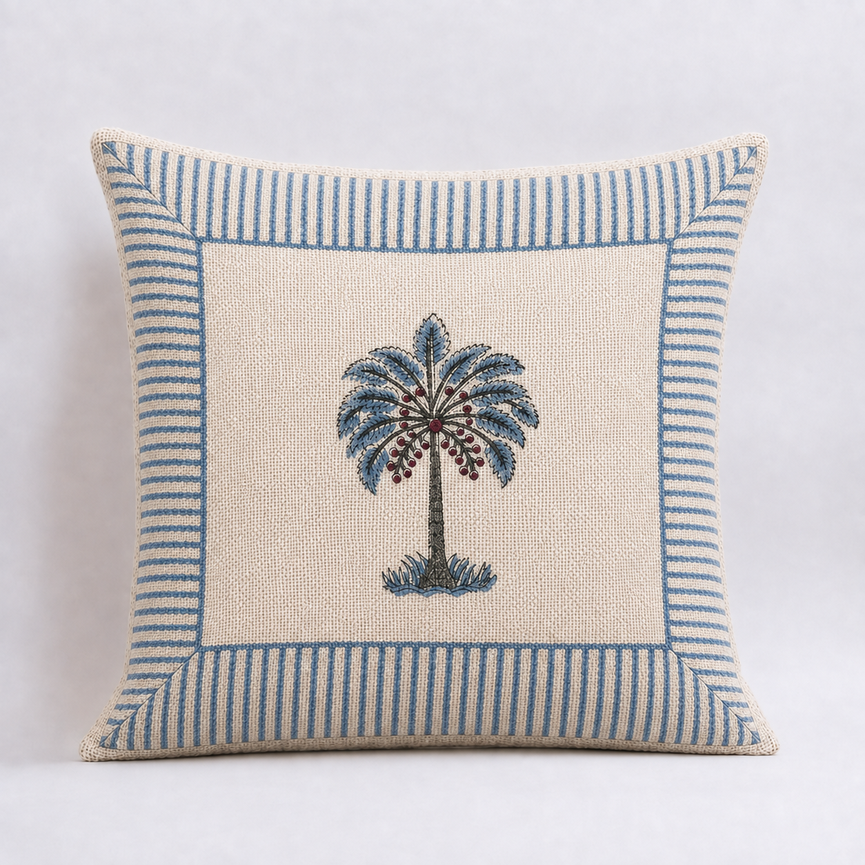 Royal Palm Bloom Jute Cotton Cushion Covers 16x16 Inches Pack of 2 | Jaipuri Hand Block Print Jute Cushion Covers | Decorative Throw Cushion Cover Set