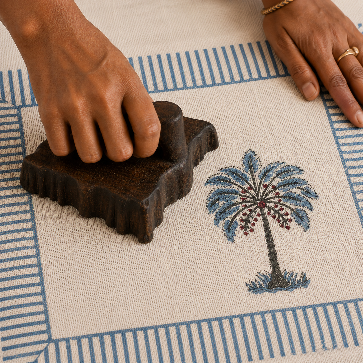 Royal Palm Bloom Jute Cotton Cushion Covers 16x16 Inches Pack of 2 | Jaipuri Hand Block Print Jute Cushion Covers | Decorative Throw Cushion Cover Set
