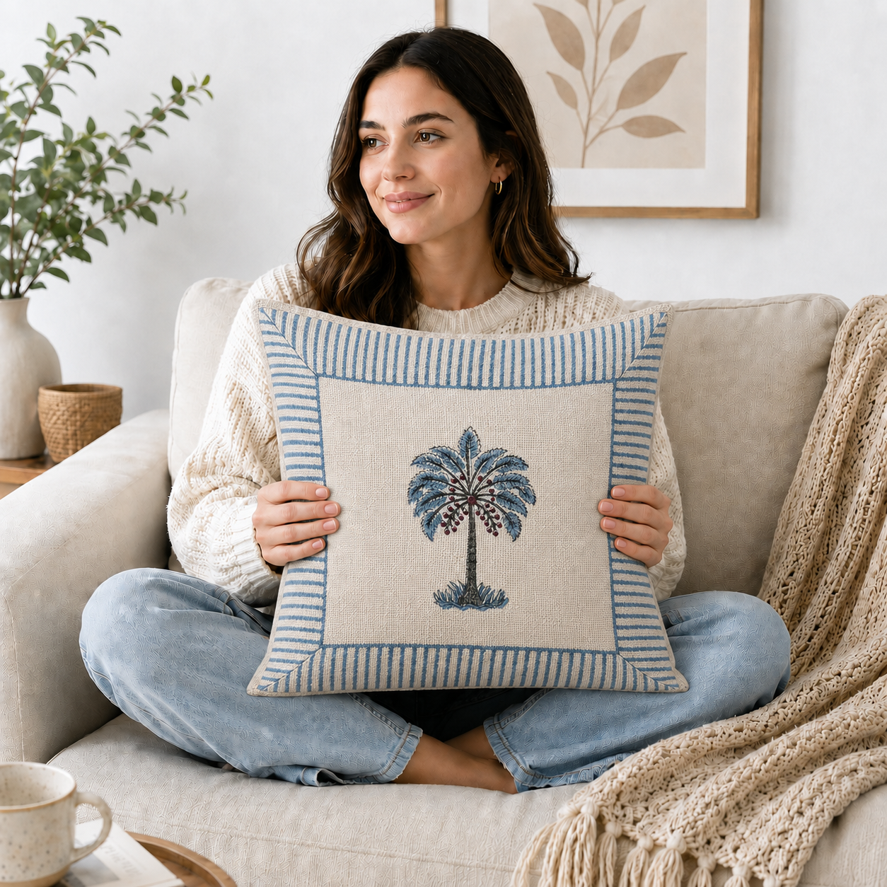 Royal Palm Bloom Jute Cotton Cushion Covers 16x16 Inches Pack of 2 | Jaipuri Hand Block Print Jute Cushion Covers | Decorative Throw Cushion Cover Set