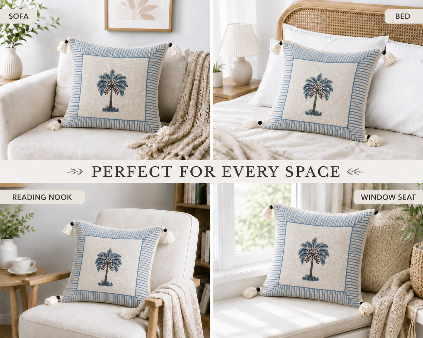 Royal Palm Bloom Jute Cotton Cushion Covers 16x16 Inches Pack of 2 | Jaipuri Hand Block Print Jute Cushion Covers | Decorative Throw Cushion Cover Set
