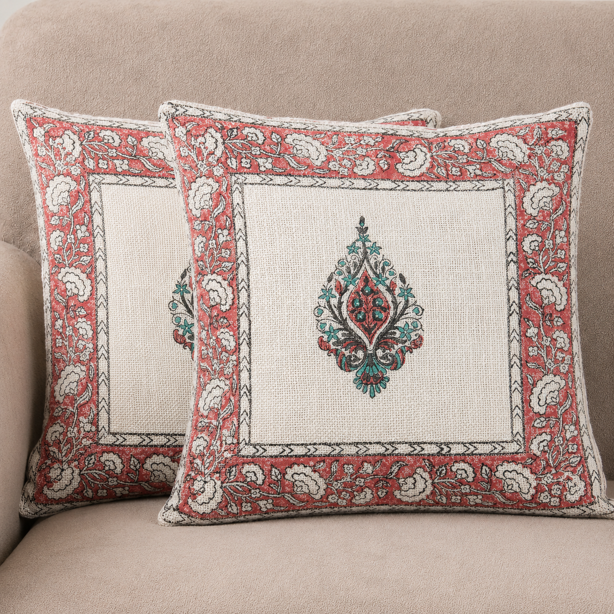 Royal Panna Bloom Jute Cotton Cushion Covers 16x16 Inches Pack of 2 | Jaipuri Hand Block Print Jute Cushion Covers | Decorative Throw Cushion Cover Set