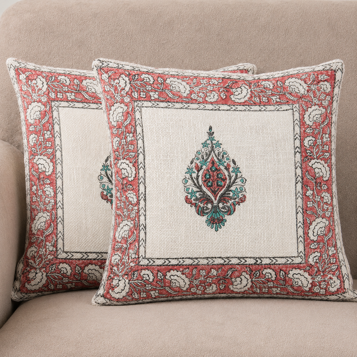 Royal Panna Bloom Jute Cotton Cushion Covers 16x16 Inches Pack of 2 | Jaipuri Hand Block Print Jute Cushion Covers | Decorative Throw Cushion Cover Set