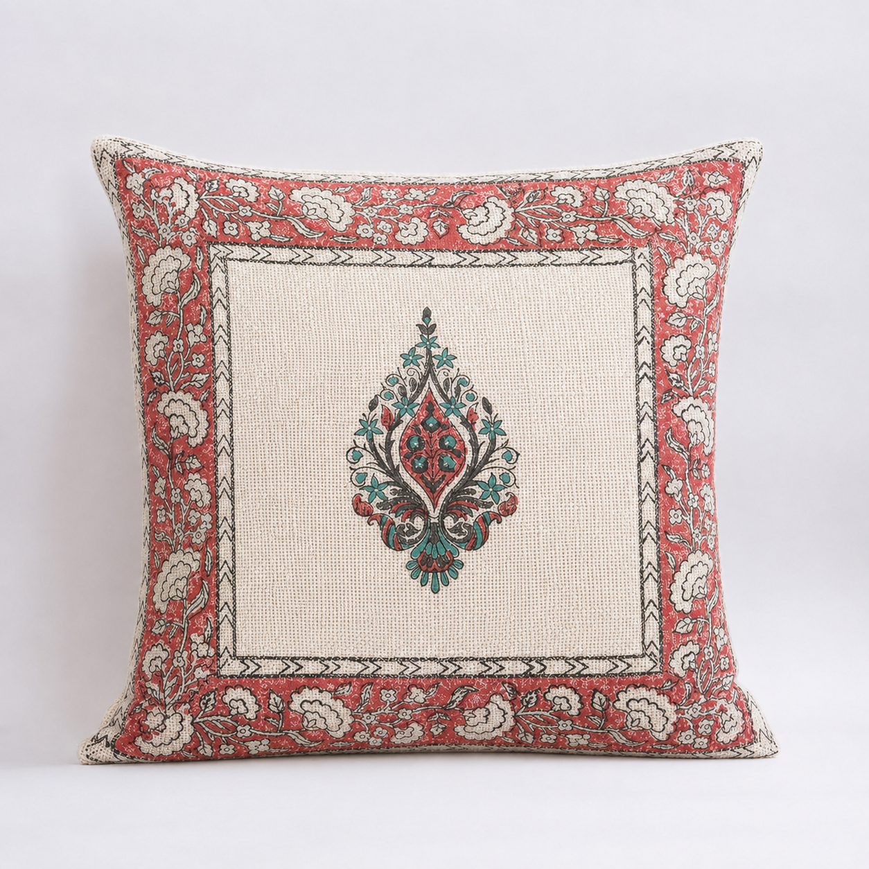 Royal Panna Bloom Jute Cotton Cushion Covers 16x16 Inches Pack of 2 | Jaipuri Hand Block Print Jute Cushion Covers | Decorative Throw Cushion Cover Set
