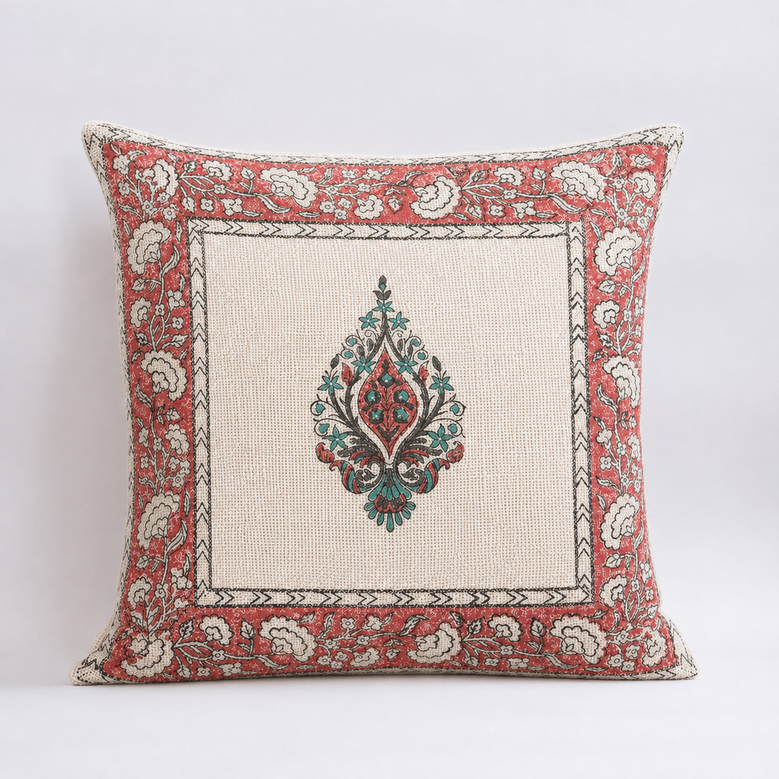 Royal Panna Bloom Jute Cotton Cushion Covers 16x16 Inches Pack of 2 | Jaipuri Hand Block Print Jute Cushion Covers | Decorative Throw Cushion Cover Set