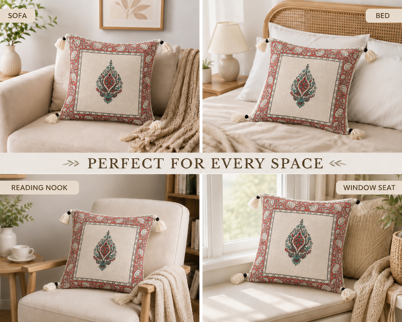 Royal Panna Bloom Jute Cotton Cushion Covers 16x16 Inches Pack of 2 | Jaipuri Hand Block Print Jute Cushion Covers | Decorative Throw Cushion Cover Set