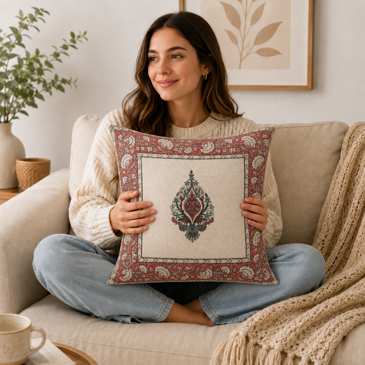 Royal Panna Bloom Jute Cotton Cushion Covers 16x16 Inches Pack of 2 | Jaipuri Hand Block Print Jute Cushion Covers | Decorative Throw Cushion Cover Set