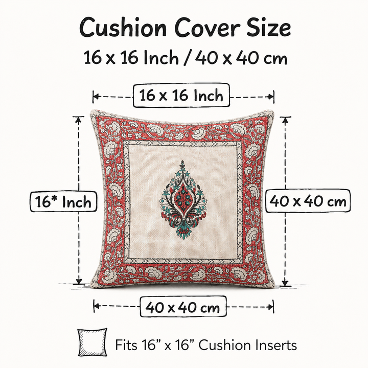Royal Panna Bloom Jute Cotton Cushion Covers 16x16 Inches Pack of 2 | Jaipuri Hand Block Print Jute Cushion Covers | Decorative Throw Cushion Cover Set