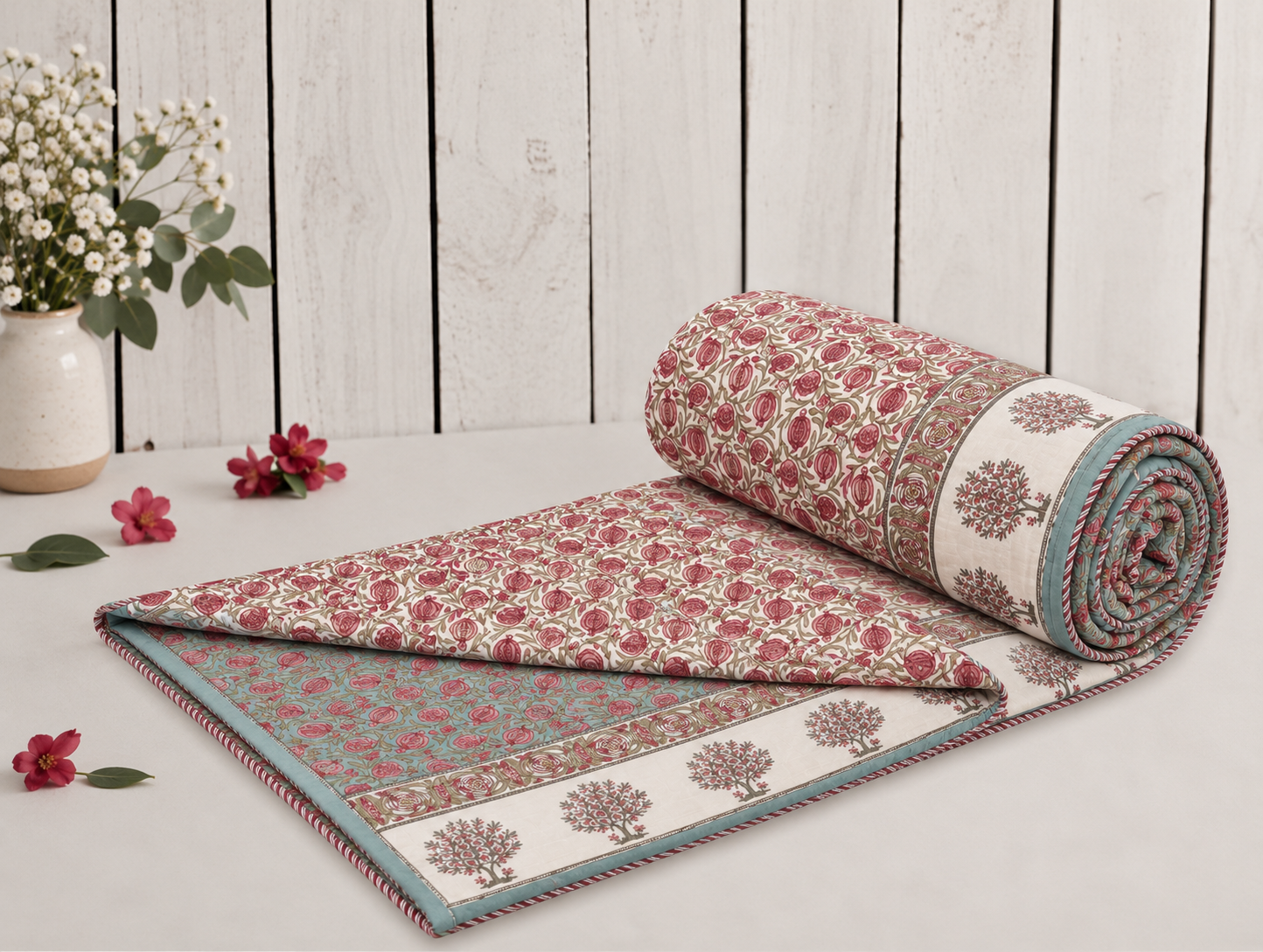 Hand Block Printed Gulabi Buta Cotton Double Dohar | 90x100 Lightweight Quilt