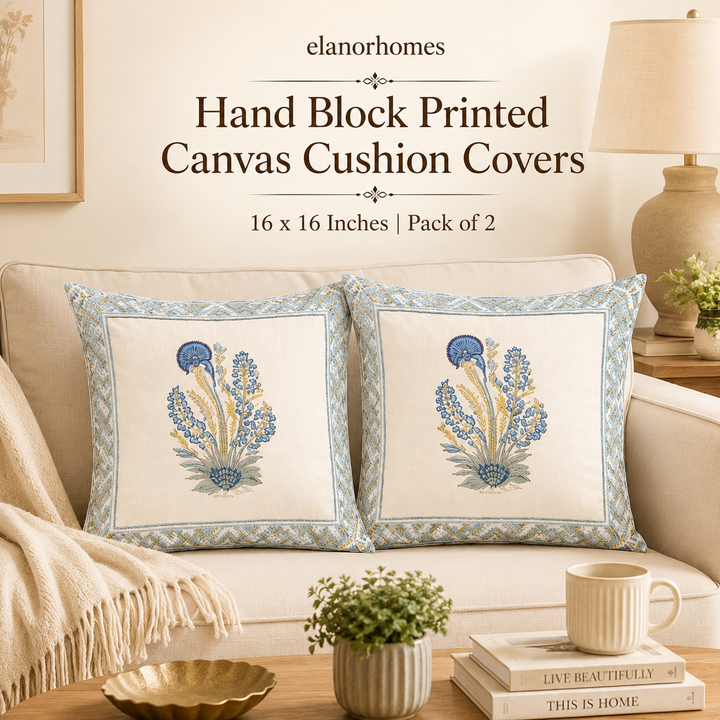 Saanjh Bloom Cushion Covers 16x16 Inches Pack of 2 | Jaipuri Hand Block Print Canvas Cotton Pillow Covers | Decorative Throw Cushion Cover Set