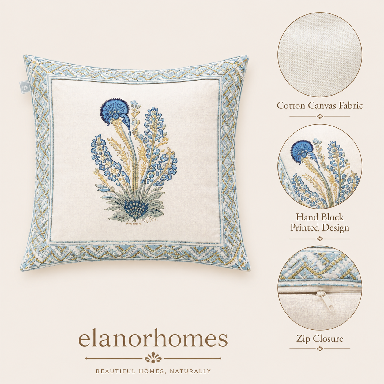 Saanjh Bloom Cushion Covers 16x16 Inches Pack of 2 | Jaipuri Hand Block Print Canvas Cotton Pillow Covers | Decorative Throw Cushion Cover Set