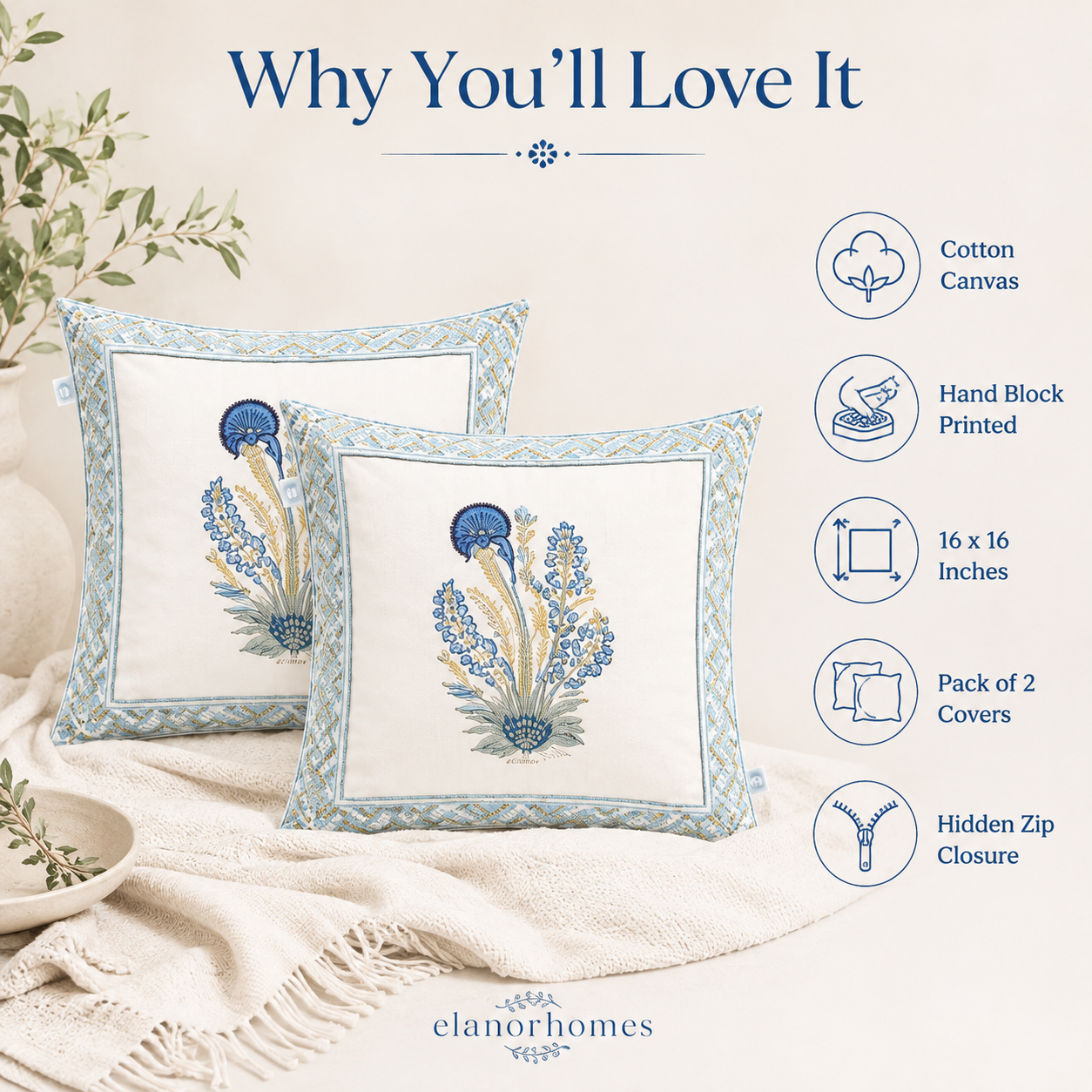 Saanjh Bloom Cushion Covers 16x16 Inches Pack of 2 | Jaipuri Hand Block Print Canvas Cotton Pillow Covers | Decorative Throw Cushion Cover Set