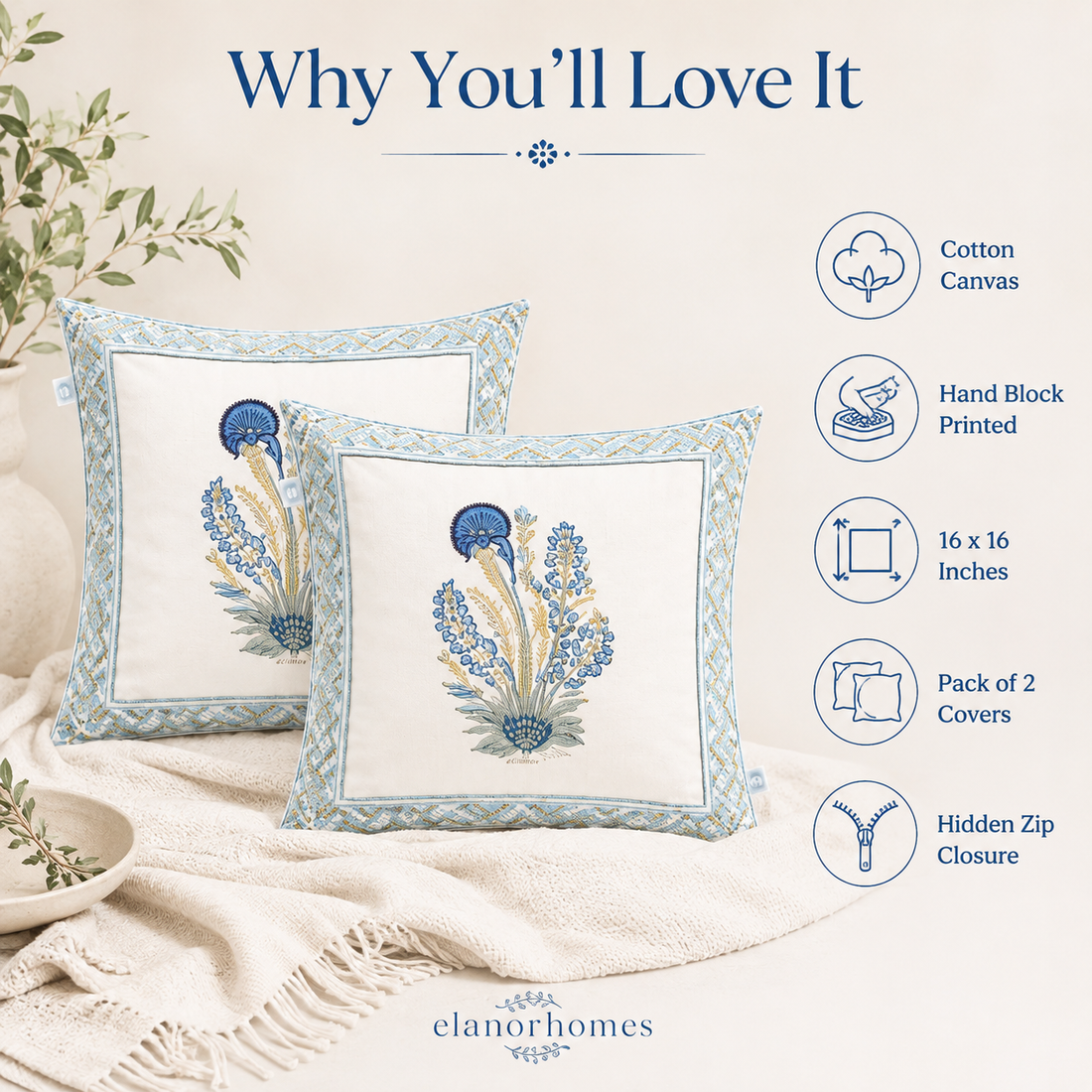 Saanjh Bloom Cushion Covers 16x16 Inches Pack of 2 | Jaipuri Hand Block Print Canvas Cotton Pillow Covers | Decorative Throw Cushion Cover Set
