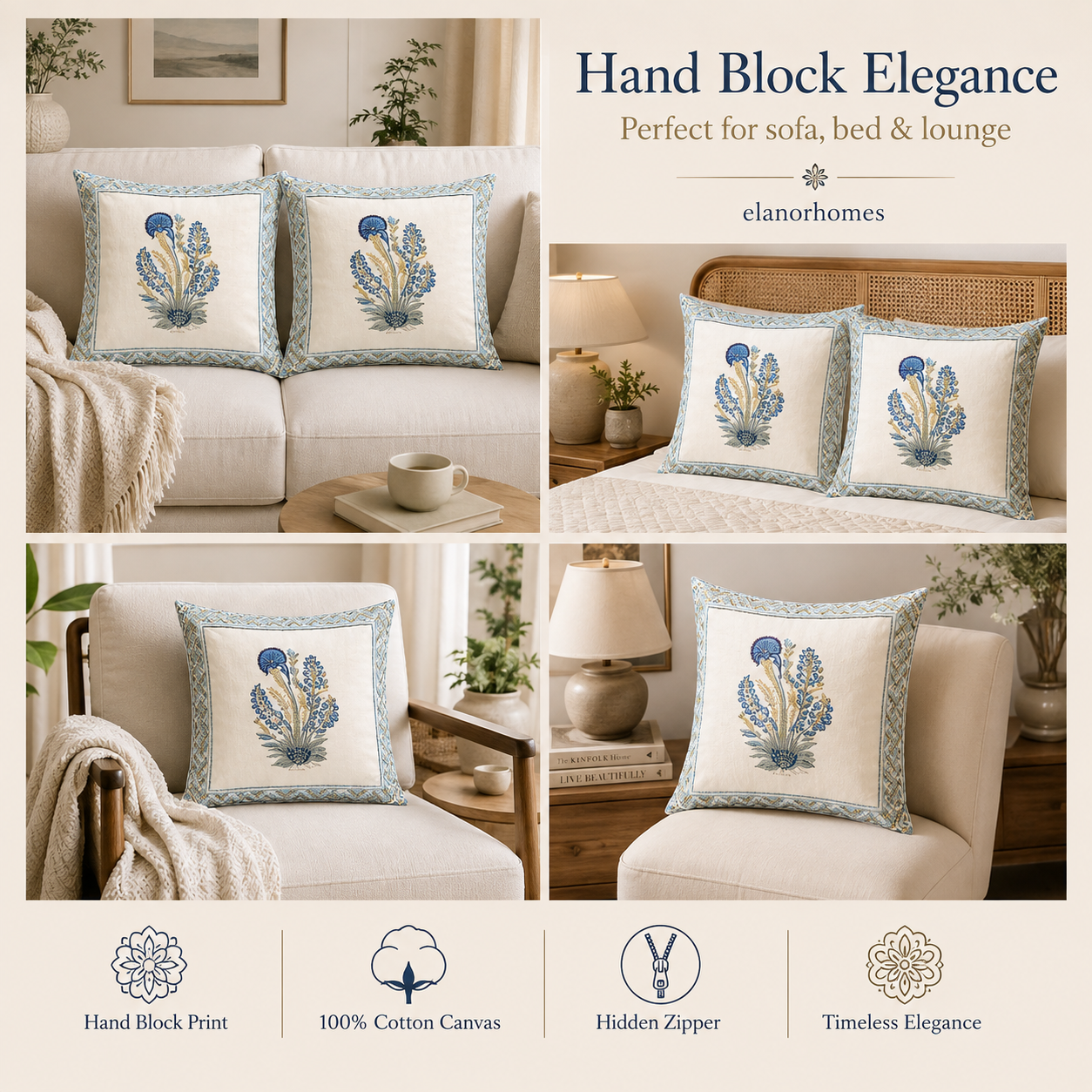 Saanjh Bloom Cushion Covers 16x16 Inches Pack of 2 | Jaipuri Hand Block Print Canvas Cotton Pillow Covers | Decorative Throw Cushion Cover Set