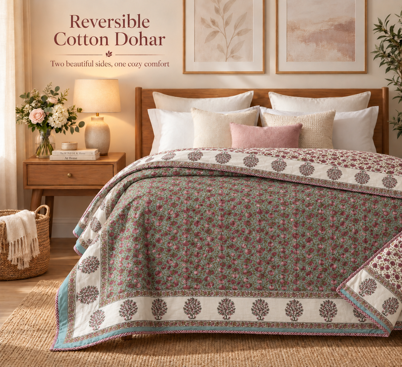 Hand Block Printed Gulabi Buta Cotton Double Dohar | 90x100 Lightweight Quilt