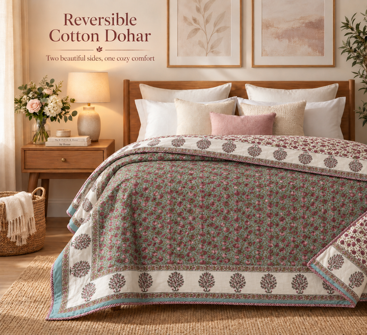 Hand Block Printed Gulabi Buta Cotton Double Dohar | 90x100 Lightweight Quilt