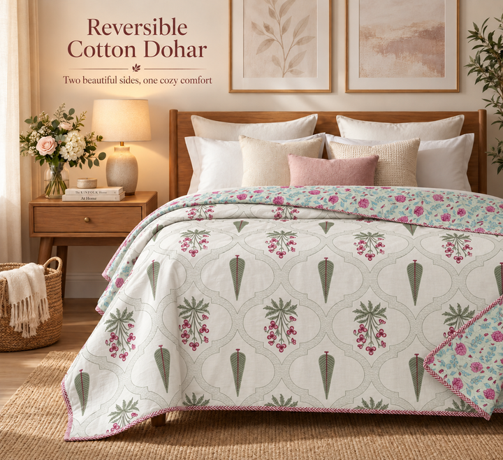 Hand Block Printed Mint Rose Cotton Double Dohar | 90x100 Lightweight Quilt