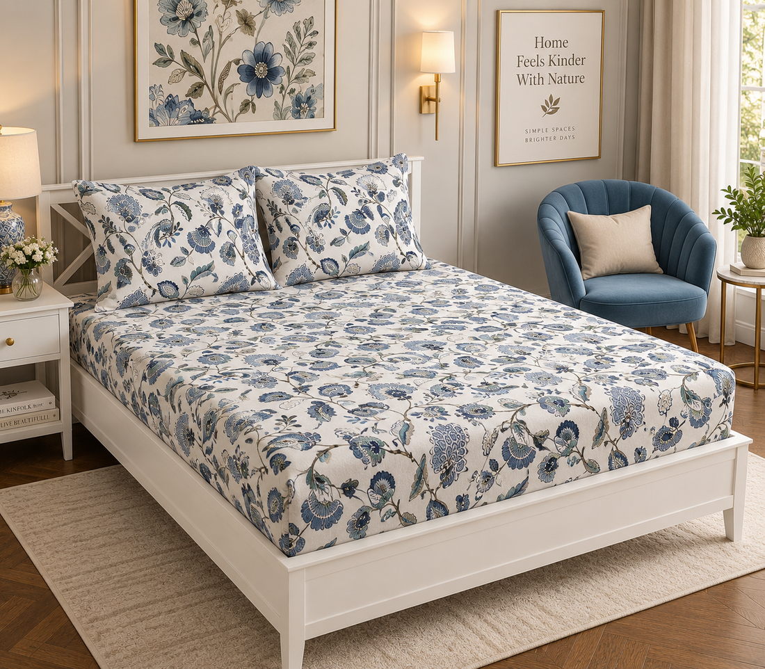 Sapphire Petal Elastic Cotton Fitted King Bedsheet (78×72×8 Inch) with 2 Pillow Covers (18×28 Inch) | Soft & Cozy Bedding