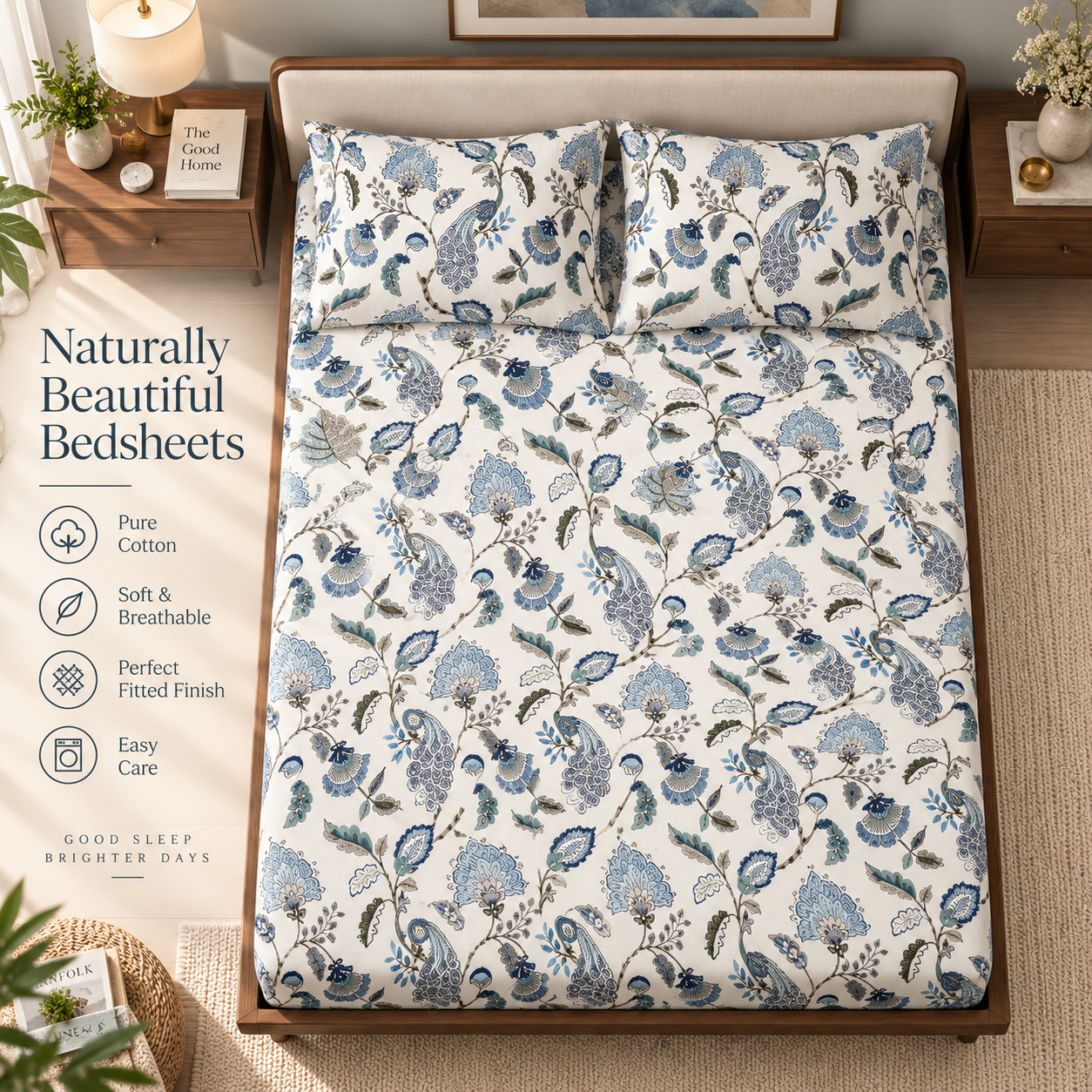 Sapphire Petal Elastic Cotton Fitted King Bedsheet (78×72×8 Inch) with 2 Pillow Covers (18×28 Inch) | Soft & Cozy Bedding