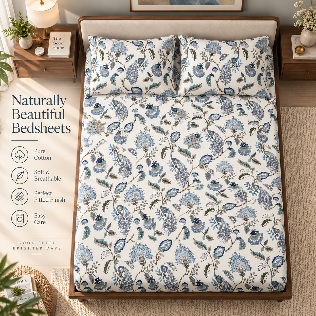 Sapphire Petal Elastic Cotton Fitted King Bedsheet (78×72×8 Inch) with 2 Pillow Covers (18×28 Inch) | Soft & Cozy Bedding
