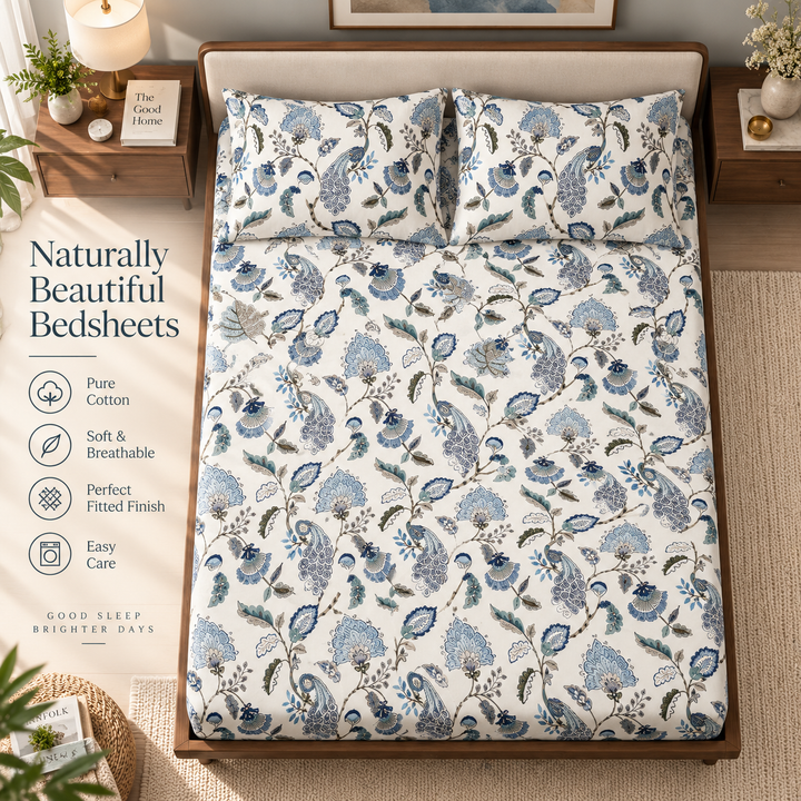 Sapphire Petal Elastic Cotton Fitted King Bedsheet (78×72×8 Inch) with 2 Pillow Covers (18×28 Inch) | Soft & Cozy Bedding