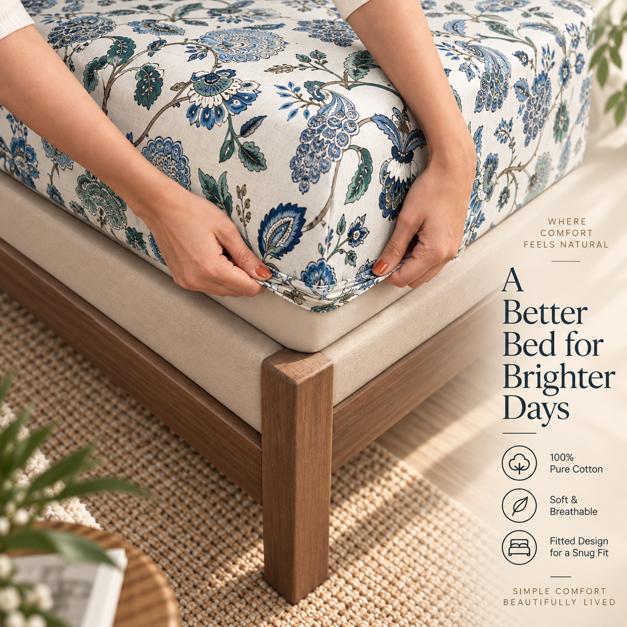 Sapphire Petal Elastic Cotton Fitted King Bedsheet (78×72×8 Inch) with 2 Pillow Covers (18×28 Inch) | Soft & Cozy Bedding